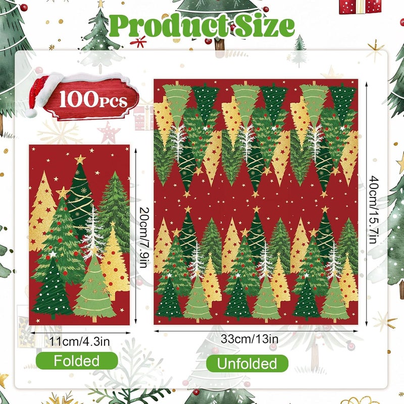 IANFEPH 100 Pcs Christmas Paper Napkins 3 Ply Disposable Bathroom Guest Hand Towels Red Green Xmas Tree Winter Decorative Napkins for Kitchen Dinner Wedding Birthday Holiday Party - Image 4